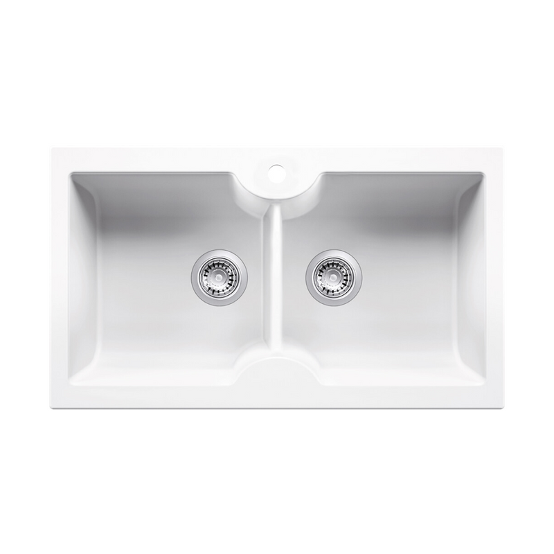 Turner Hastings Cuisine 86 x 50 Fireclay Double Bowl Sink 1TH - Gloss White