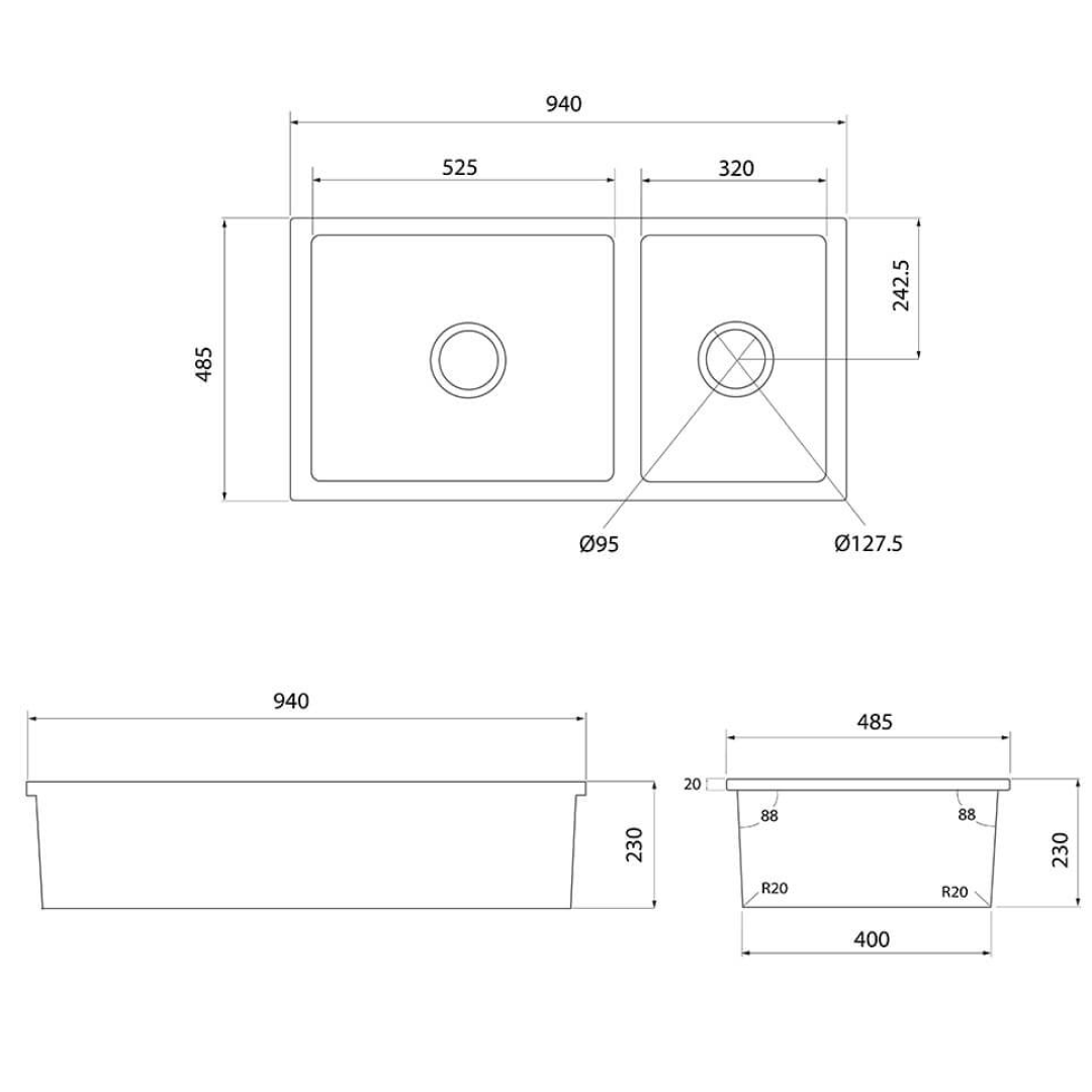Turner Hastings Cuisine 1 & 1/2 Bowl Inset/Undermount Fine Fireclay Sink No Overflow - Matte White - CUD933FS-MW