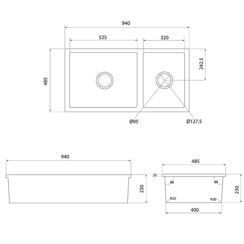 Turner Hastings Cuisine 1 & 1/2 Bowl Inset/Undermount Fine Fireclay Sink No Overflow - Matte Black
