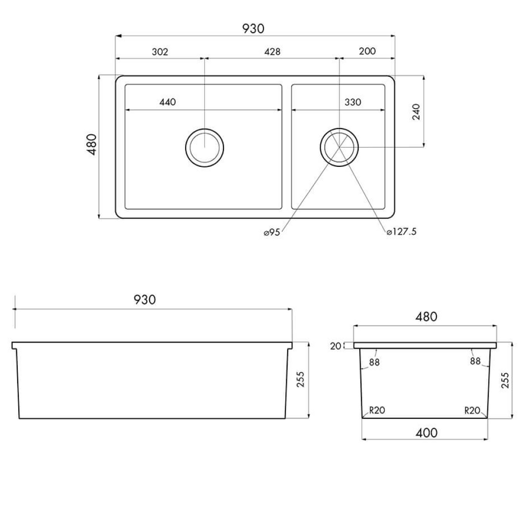 Turner Hastings Cuisine 93 x 48 1 & 1/2 Bowl Inset/Undermount Fireclay Sink - Gloss White CUD93FS