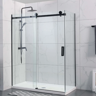 Covey 870-890 Wall to Wall Shower Screen with Round Handle - Black CVP031W2W870T890-BL