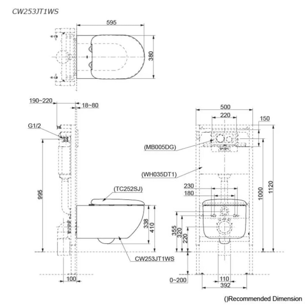 TOTO Hayon D-Shape Wall Hung Toilet - CW253PJT1WS - CW253PJT1WS + TC252SJ