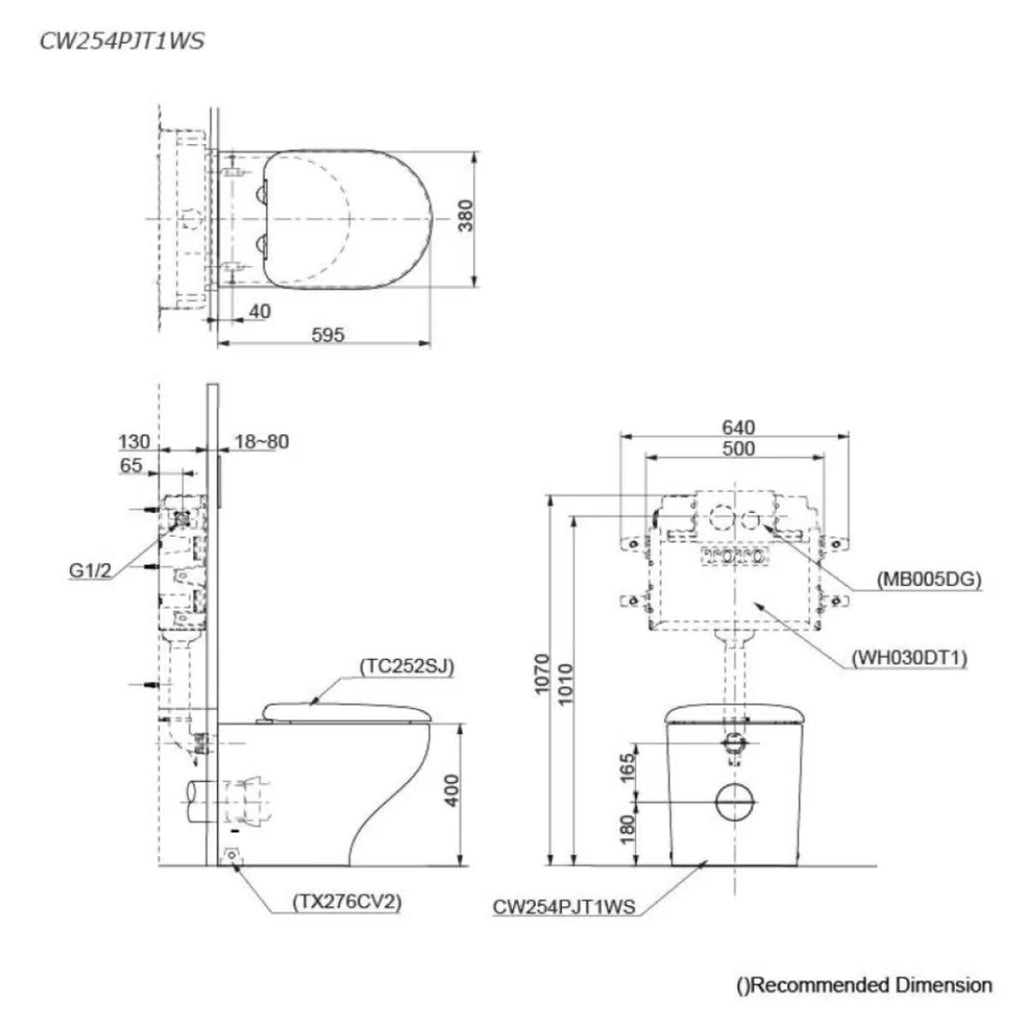 TOTO Hayon D-Shape Wall Faced Toilet - CW254PJT1WS - CW254PJT1WS + TC252SJ + TH,918