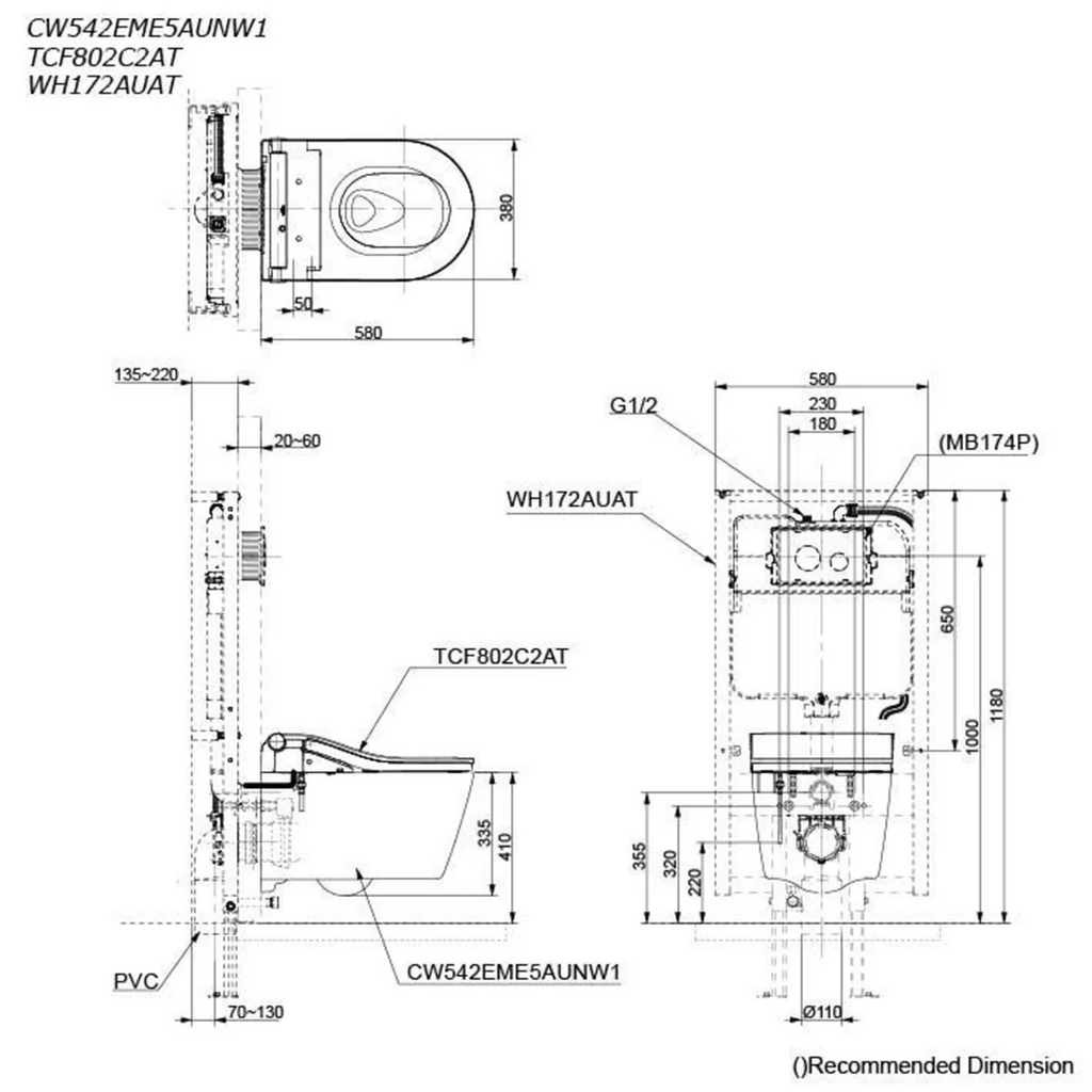 TOTO D-Shape Wall Hung Smart Toilet Package with RW Washlet - CW542EME5AUNW1 + TCF802E2AT#NW1 + WH172AUAT + MB171M#SS