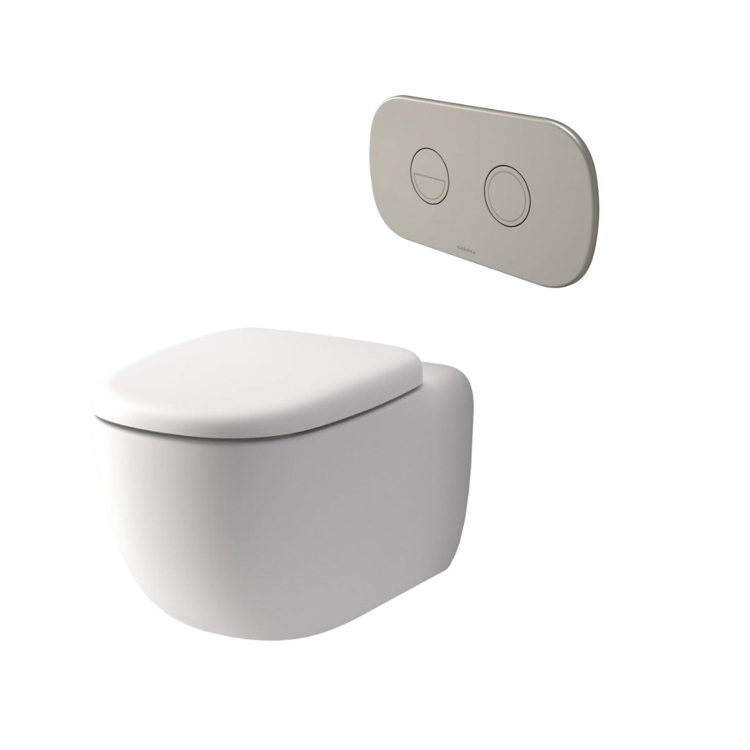 Caroma Contura II Cleanflush® Wall Hung Invisi Series II® Suite GermGard®Uc - Matte White - Brushed Nickel Flush Plate Button - 849002MW + 848810BN