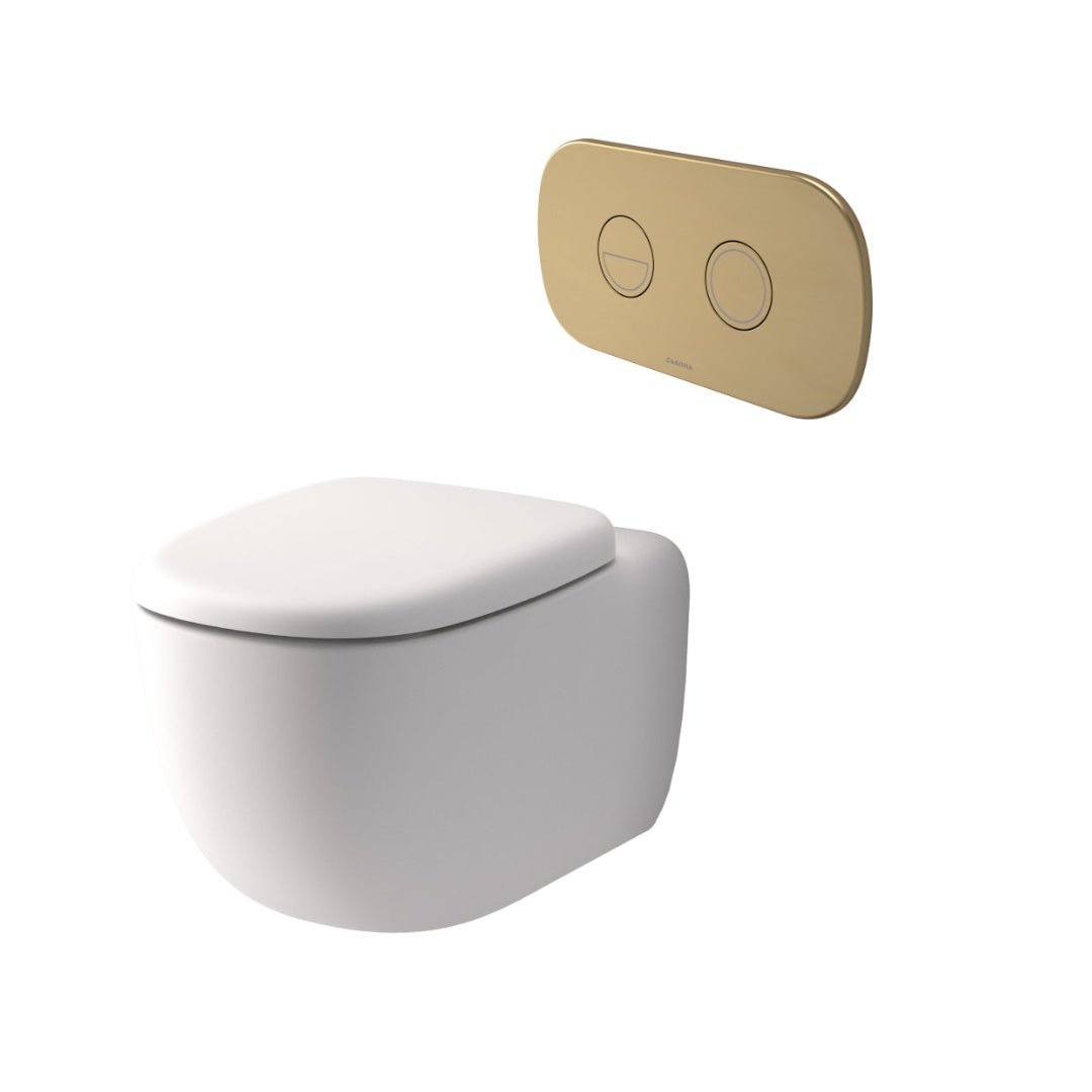 Caroma Contura II Cleanflush® Wall Hung Invisi Series II® Suite GermGard®Uc - Matte White - Brushed Brass Flush Plate - 849002MW + 848810BB