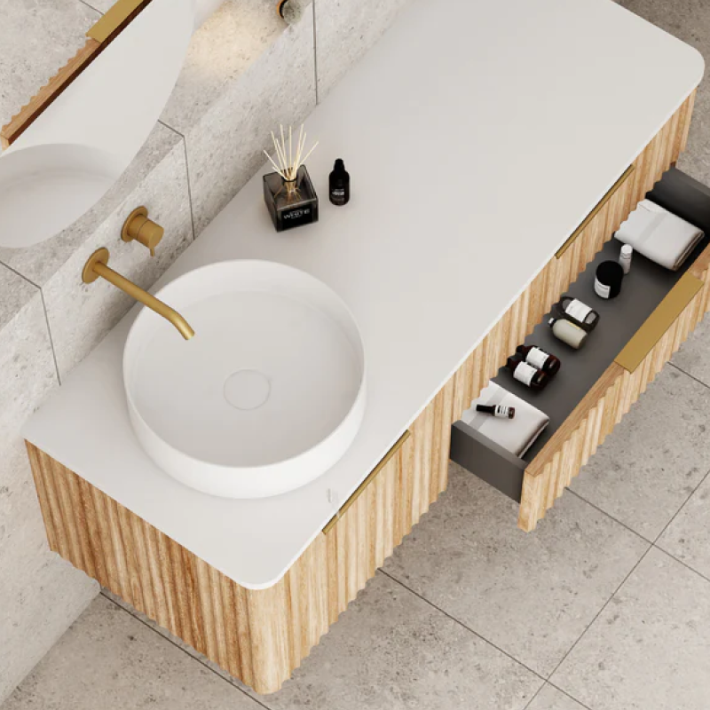 Cassa Design Gravity 1200mm Left Hand Basin Natural Oak Wall Hung Vanity - Brushed Gold Handle - GRA1200WHL-OAK-BG