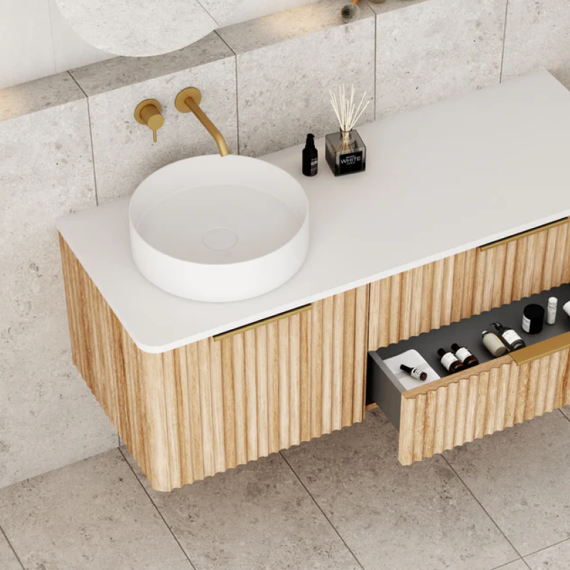 Cassa Design Gravity 1200mm Left Hand Basin Natural Oak Wall Hung Vanity - Brushed Gold Handle - GRA1200WHL-OAK-BG