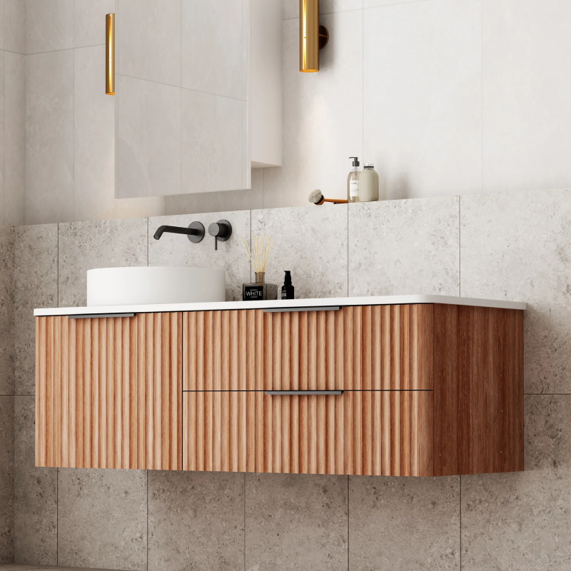 Cassa Design Gravity 1200mm Left Hand Basin Natural Walnut Wall Hung Vanity - Matte Black Handle - GRA1200WHL-WALNUT-MB