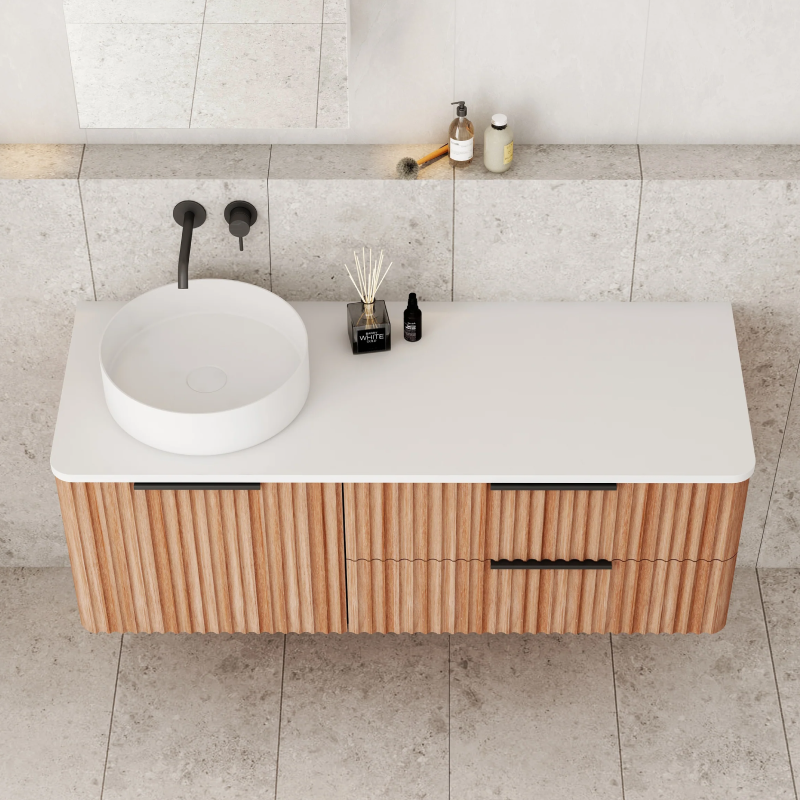 Cassa Design Gravity 1200mm Left Hand Basin Natural Walnut Wall Hung Vanity - Brushed Nickel Handle - GRA1200WHL-WALNUT-BN