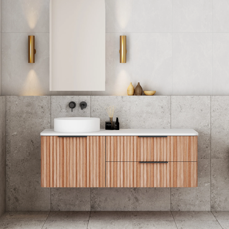 Cassa Design Gravity 1200mm Left Hand Basin Natural Walnut Wall Hung Vanity - Brushed Nickel Handle - GRA1200WHL-WALNUT-BN