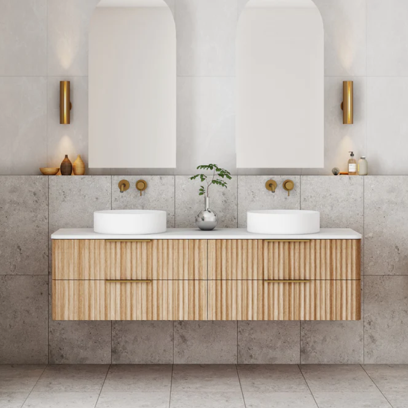 Cassa Design Gravity 1500mm Natural Oak Wall Hung Vanity - Brushed Gold Handle - GRA1500WH-OAK-BG