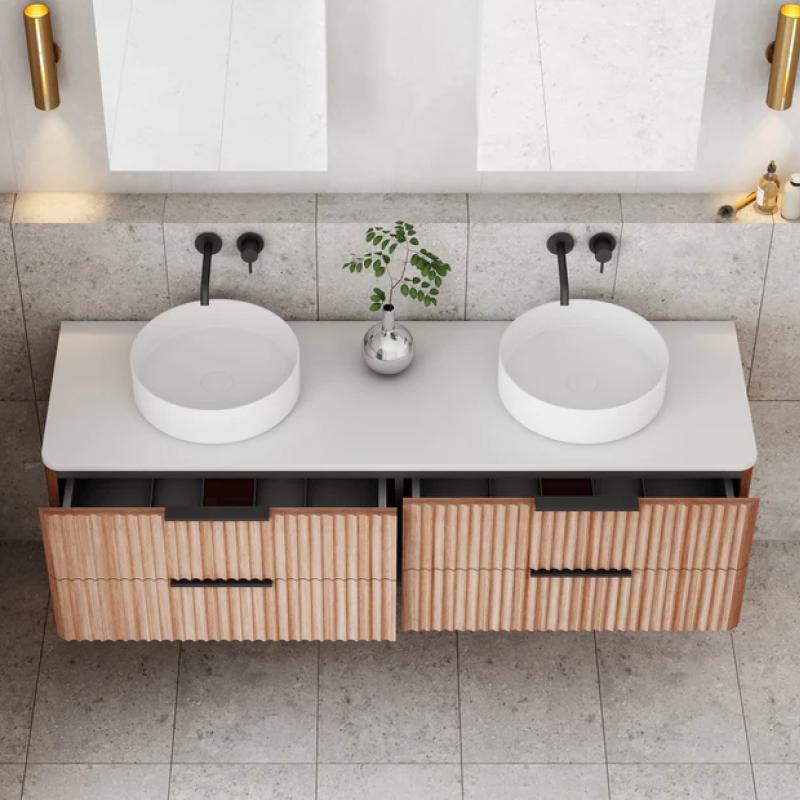 Cassa Design Gravity 1500mm Natural Oak Wall Hung Vanity - Brushed Gold Handle - GRA1500WH-OAK-BG