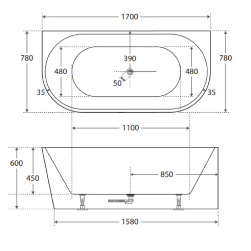 Cassa Design Auris 1700mm Round Back to Wall Bath Includes Overflow - Matte White - BT-AU1700M