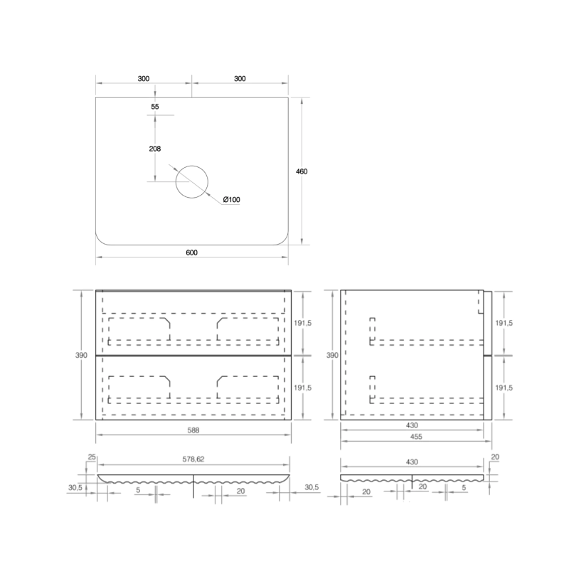 Cassa Design Gravity 600mm Natural Walnut Wall Hung Vanity - Brushed Gold Handle - GRA600WH-WALNUT-BG