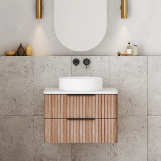 Cassa Design Gravity 600mm Natural Walnut Wall Hung Vanity - Matte Black Handle - GRA600WH-WALNUT-MB
