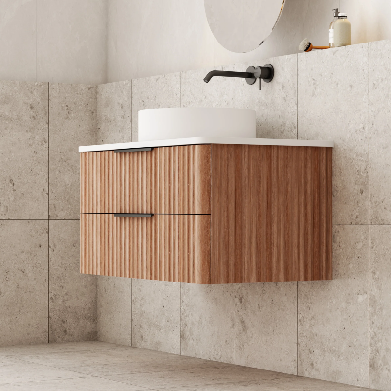 Cassa Design Gravity 750mm Natural Walnut Wall Hung Vanity - Brushed Gold Handle - GRA750WH-WALNUT-BG