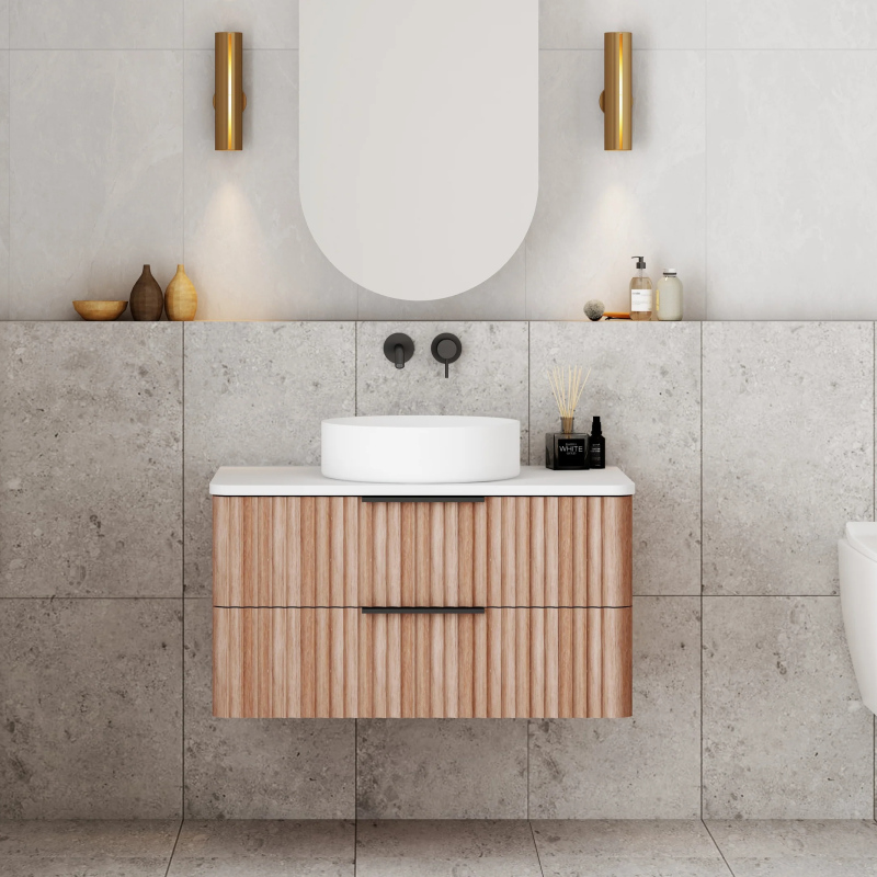 Cassa Design Gravity 750mm Natural Walnut Wall Hung Vanity - Brushed Nickel Handle - GRA750WH-WALNUT-BN