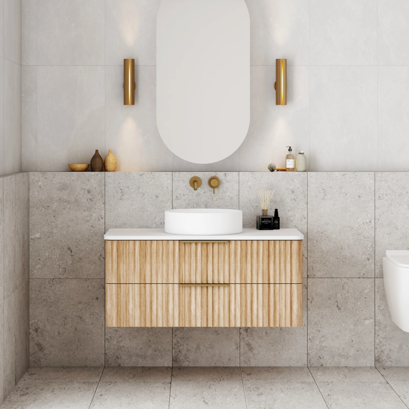 Cassa Design Gravity 900mm Natural Oak Wall Hung Vanity - Brushed Gold Handle - GRA900WH-OAK-BG