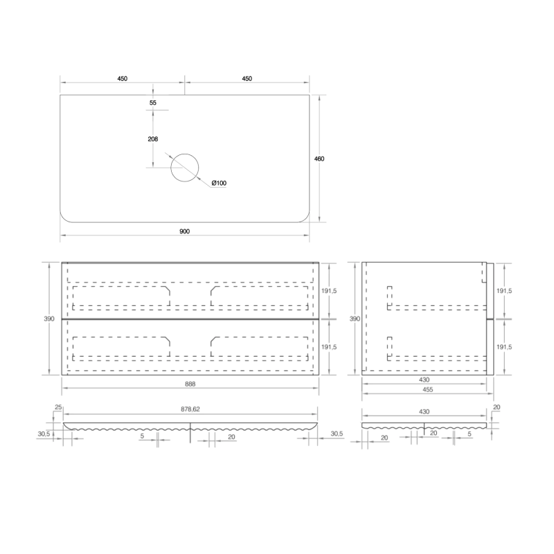 Cassa Design Gravity 900mm Natural Walnut Wall Hung Vanity - Brushed Nickel Handle - GRA900WH-WALNUT-BN