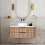 Cassa Design Gravity 900mm Natural Walnut Wall Hung Vanity - Brushed Gold Handle - GRA900WH-WALNUT-BG