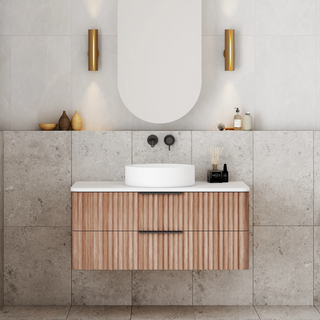 Cassa Design Gravity 900mm Natural Walnut Wall Hung Vanity - Brushed Gold Handle - GRA900WH-WALNUT-BG