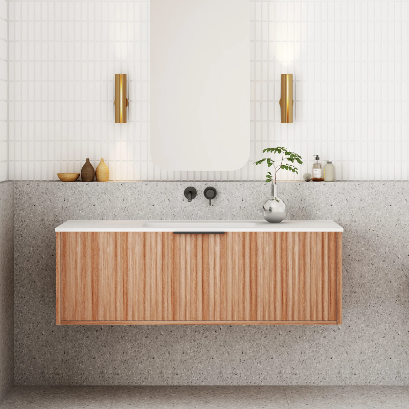 Cassa Design Capture 1200mm Natural Walnut Wall Hung Vanity - Brushed Gold Handle - CAP1200WH-WALNUT-BG