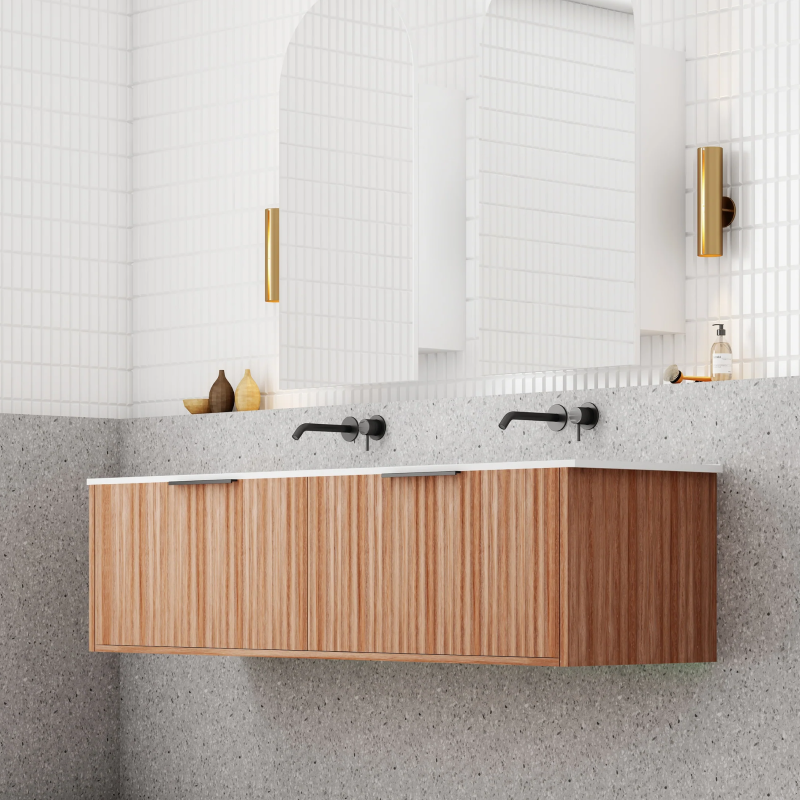 Cassa Design Capture 1500mm Natural Walnut Wall Hung Vanity - Matte Black Handle - CAP1500WH-WALNUT-MB