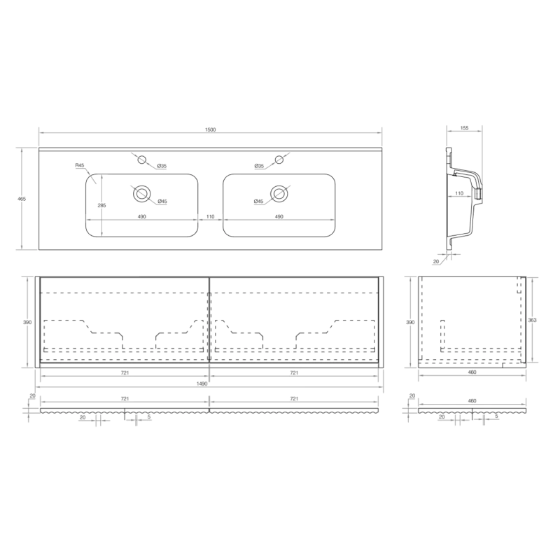 Cassa Design Capture 1500mm Natural Walnut Wall Hung Vanity - Brushed Nickel Handle - CAP1500WH-WALNUT-BN