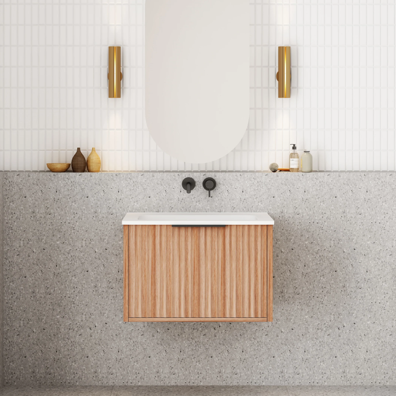 Cassa Design Capture 600mm Natural Walnut Wall Hung Vanity - Matte Black Handle - CAP600WH-WALNUT-MB