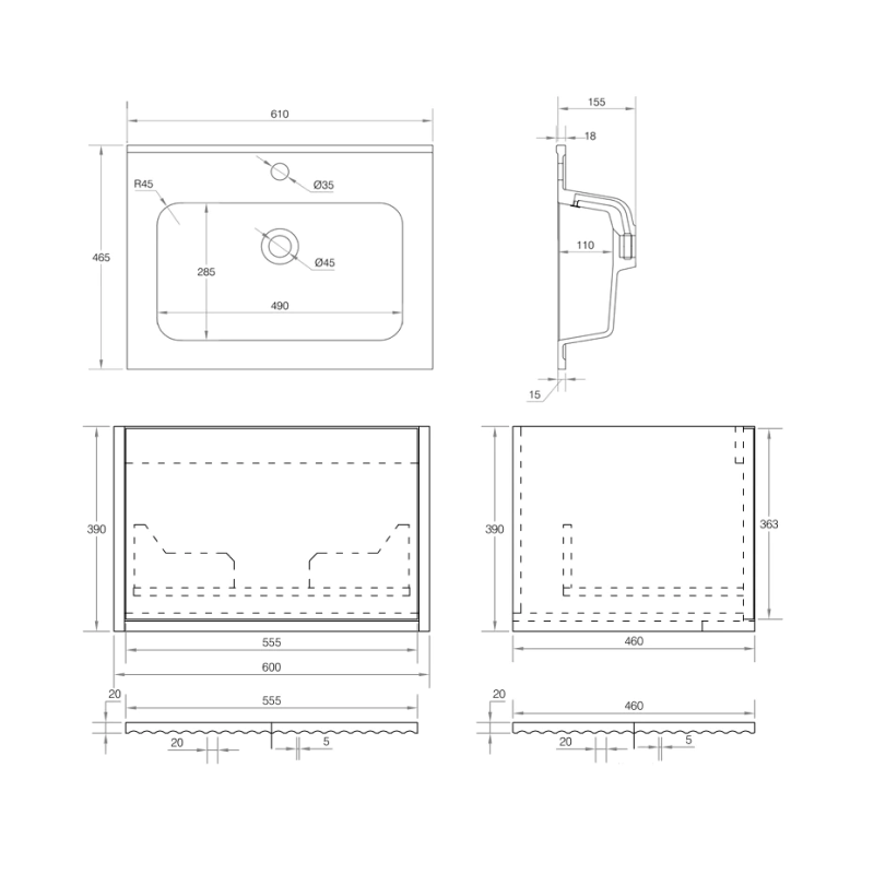 Cassa Design Capture 600mm Natural Walnut Wall Hung Vanity - Brushed Nickel Handle - CAP600WH-WALNUT-BN