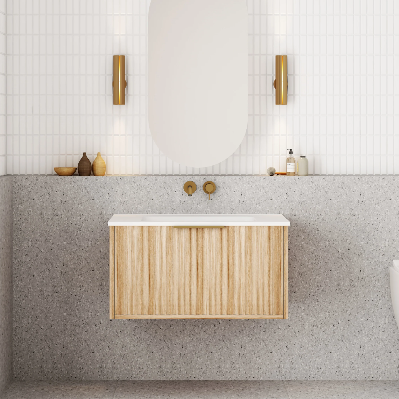 Cassa Design Capture 750mm Natural Oak Wall Hung Vanity - Brushed Gold Handle - CAP750WH-OAK-BG