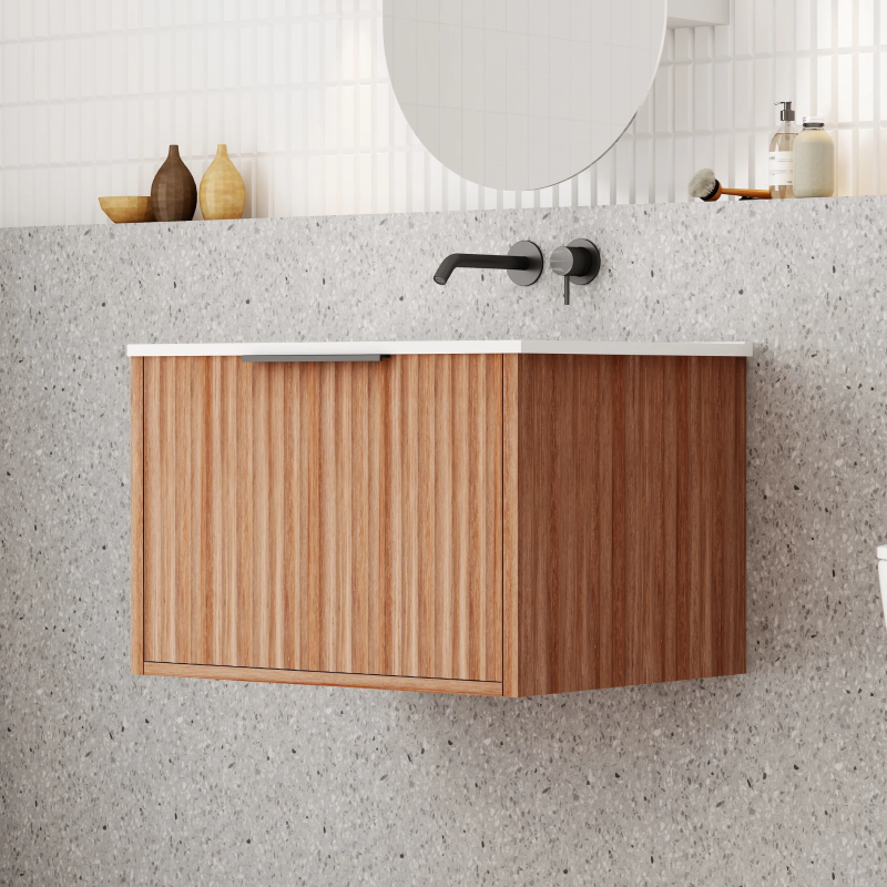 Cassa Design Capture 750mm Natural Walnut Wall Hung Vanity - Matte Black Handle - CAP750WH-WALNUT-MB