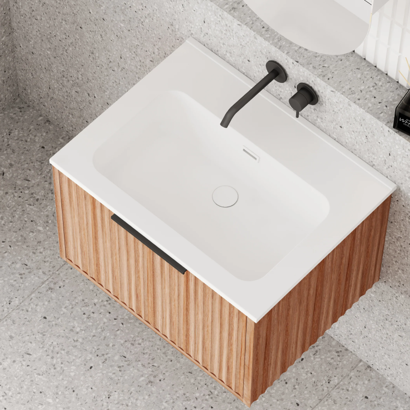 Cassa Design Capture 750mm Natural Walnut Wall Hung Vanity - Brushed Gold Handle - CAP750WH-WALNUT-BG