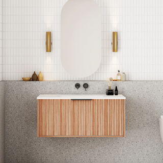Cassa Design Capture 900mm Natural Walnut Wall Hung Vanity - Brushed Gold Handle - CAP900WH-WALNUT-BG