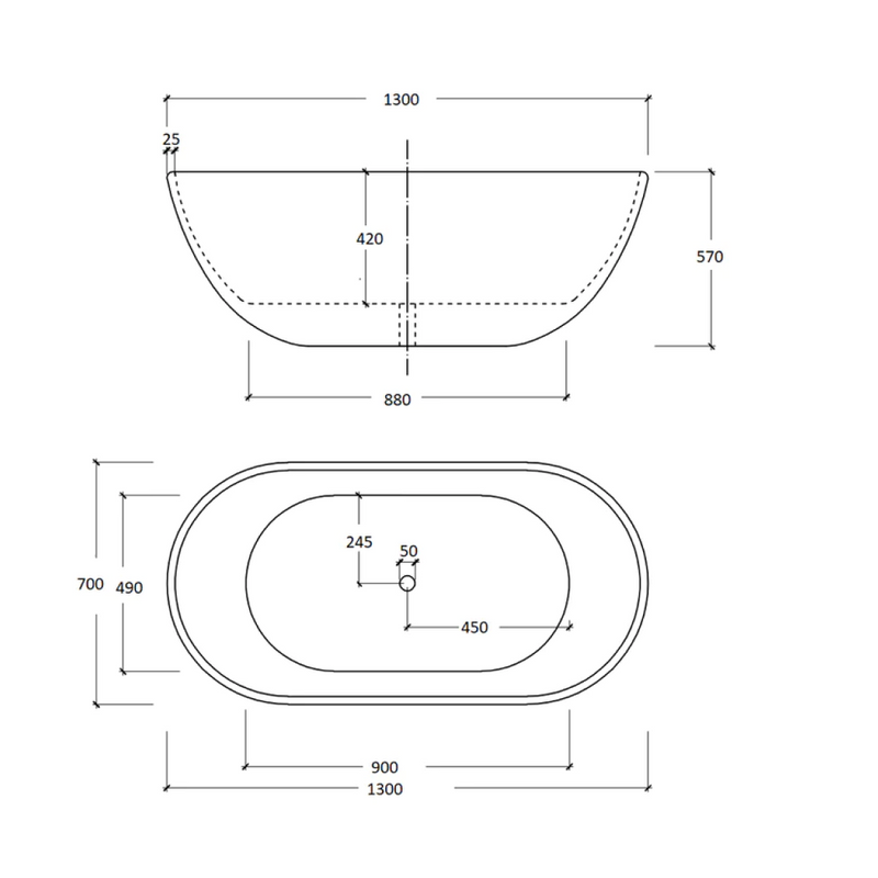Cassa Design 1300mm Egg Shape Freestanding Bath 25mm Edge Includes Overflow - Matte White