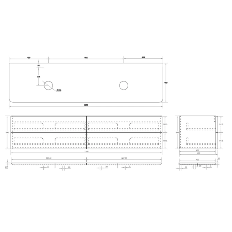 Cassa Design Gravity 1800mm Natural Walnut Wall Hung Vanity - Brushed Gold Handle - GRA1800WH-WALNUT-BG
