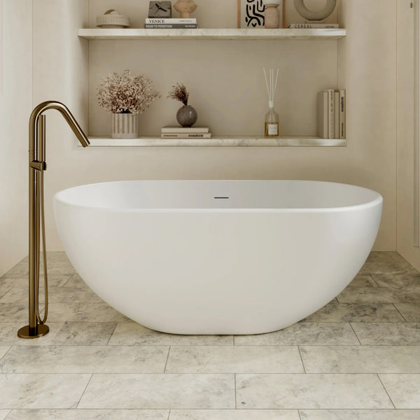 Cassa Design 1500mm Egg Shape Freestanding Bath 25mm Edge Includes Overflow - Gloss White