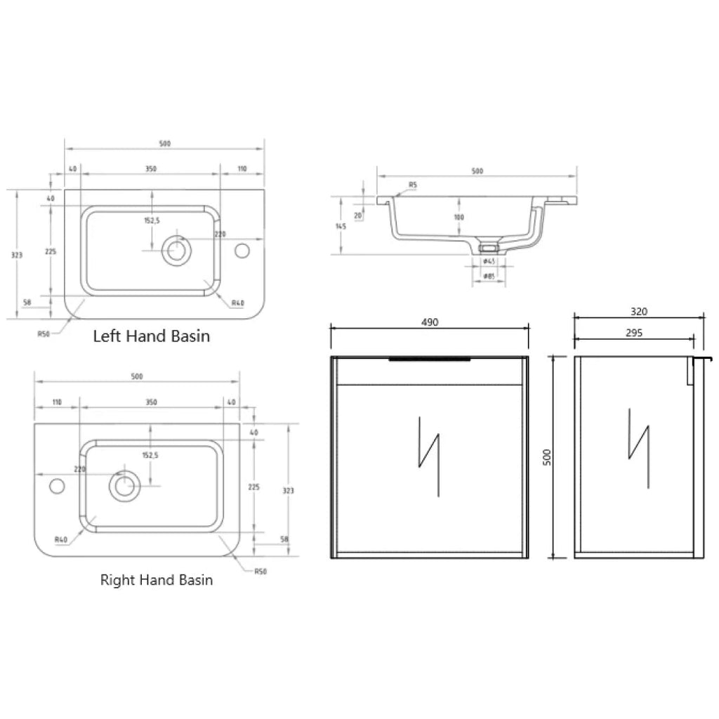 Cassa Design Gravity 500mm Small Space Wall Hung Vanity Natural Oak - Gun Metal Handle Left Hand Door Hinge & Left Hand Basin - GRA500WHL-OAK-GRA500MWL-GM