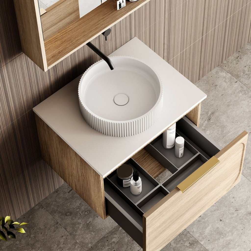 Cassa Design Cicero 600mm Natural Oak Wall Hung Vanity - Brushed Gold Handle - CIC600WH-OAK-Brushed-Gold