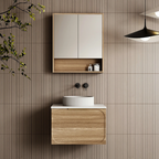 Cassa Design Cicero 600mm Natural Walnut Wall Hung Vanity - Matte Black Handle - CIC600WH-WALNUT-Matte-Black