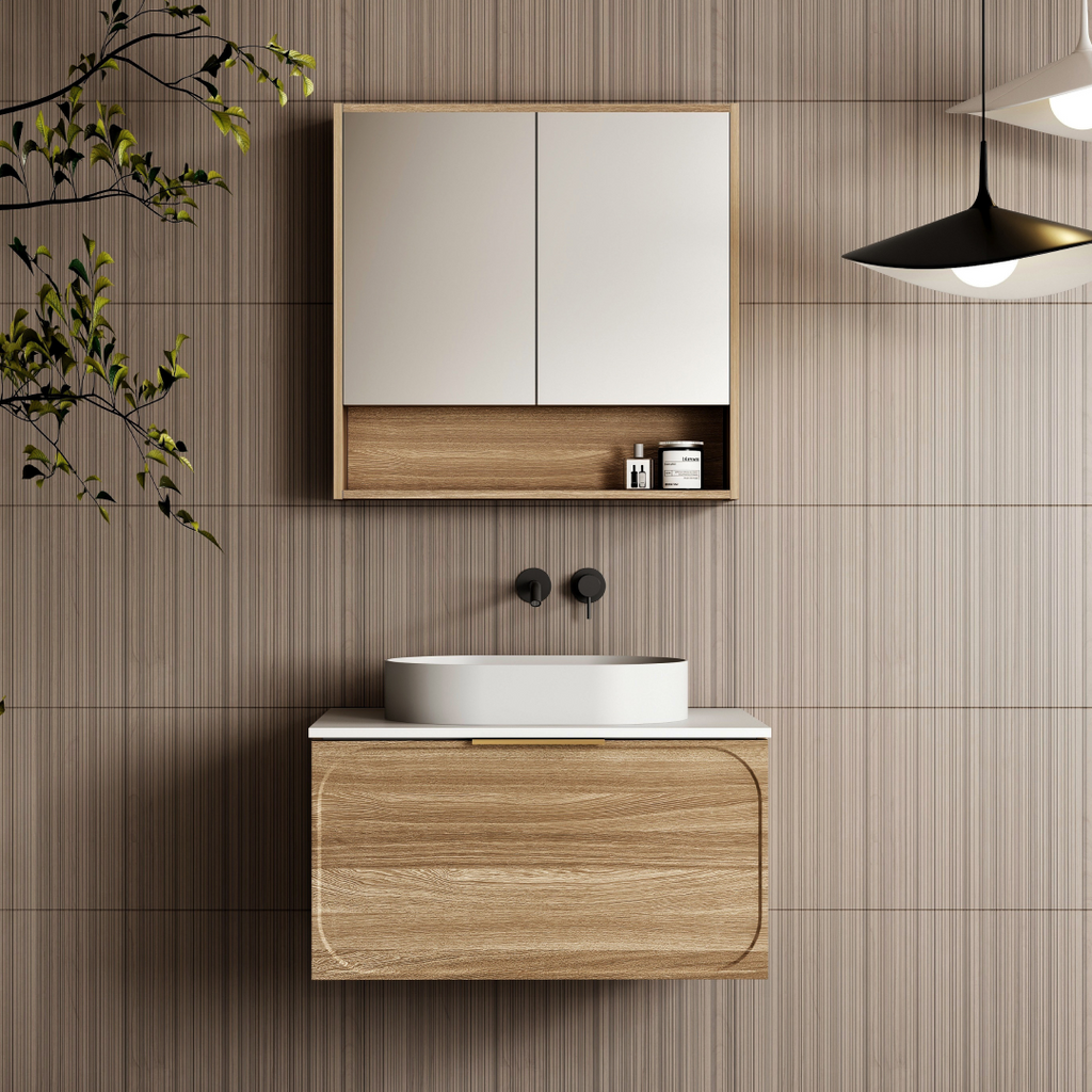 Cassa Design Cicero 750mm Natural Walnut Wall Hung Vanity - Brushed Gold Handle - CIC750WH-WALNUT-Brushed-Gold