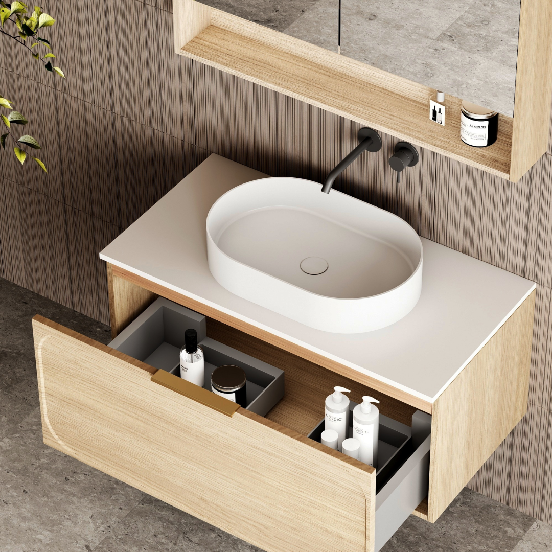 Cassa Design Cicero 900mm Natural Oak Wall Hung Vanity - Matte Black Handle - CIC900WH-OAK-Matte-Black