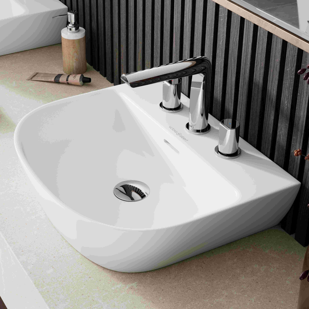 Victoria + Albert Lussari 50 D-Shape Back to Wall Basin - Three Tap Holes Gloss White DB-LUS-3TH-SW-500-IO