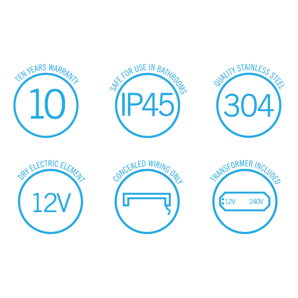 Thermorail 12V Flat Pill 632 Single Bar Heated Towel Rail - DSP6 Polished Stainless Steel