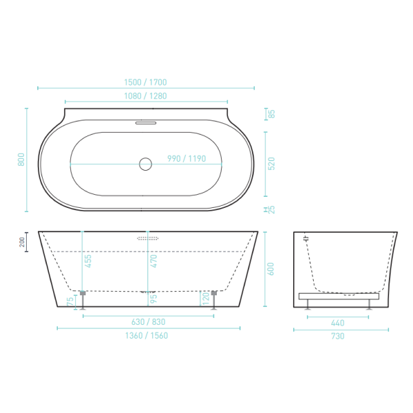 Decina Aurora 1700mm Back-to-Wall Freestanding Bath - AU1700MW