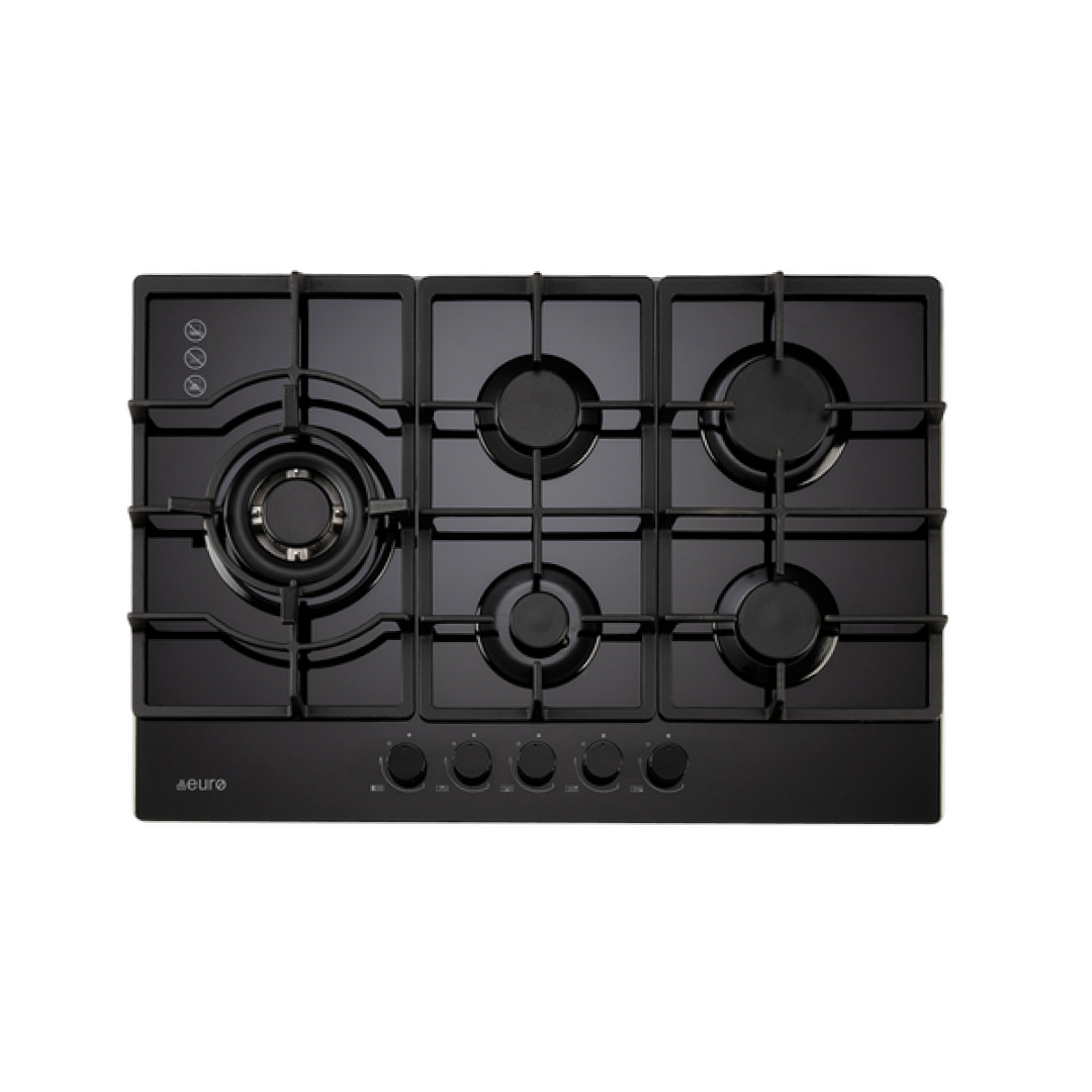 Euro Appliances 75cm 5 Burner Gas on Glass Cooktop - ECT750GBK2 Black