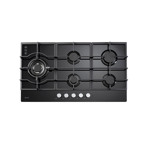 Euro Appliances 90cm 5 Burner Gas Cooktop Left Wok Black Glass - ECT900GBK2