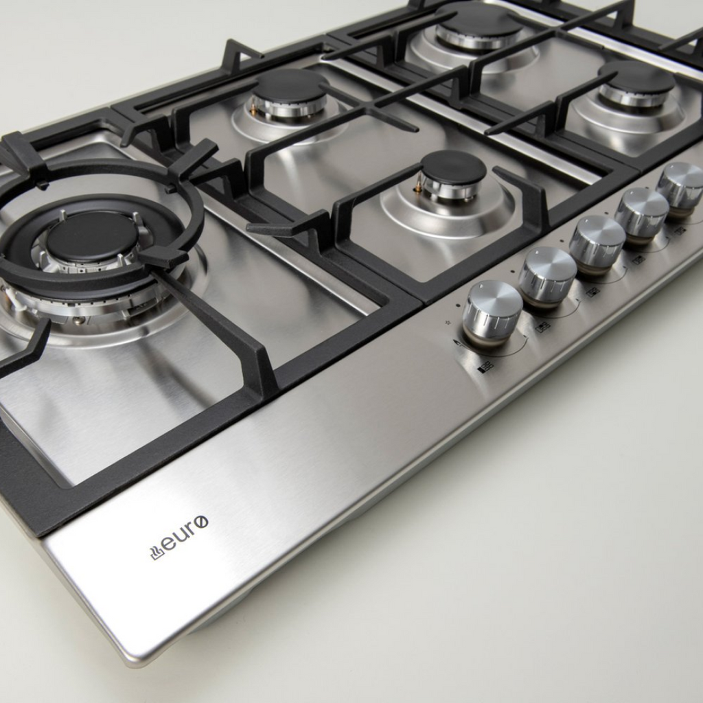 Euro Appliances 90cm Stainless Steel 5 Burner Gas Cooktop Left Hand Wok - ECT90G5X