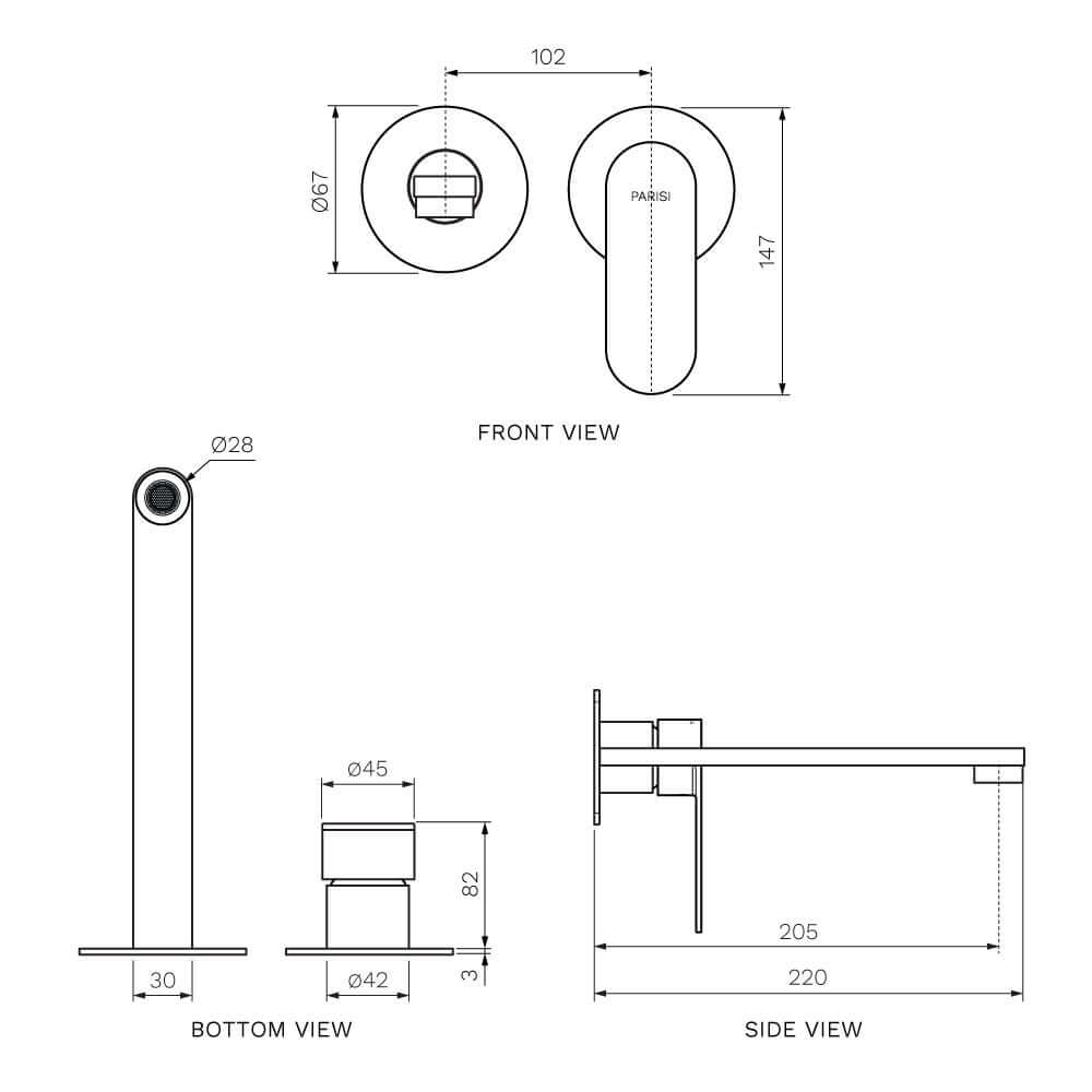 Parisi Ellisse II Wall Mixer with 220mm Spout (Individual Flanges) - Matte Black - EE2.01-2RF220.02